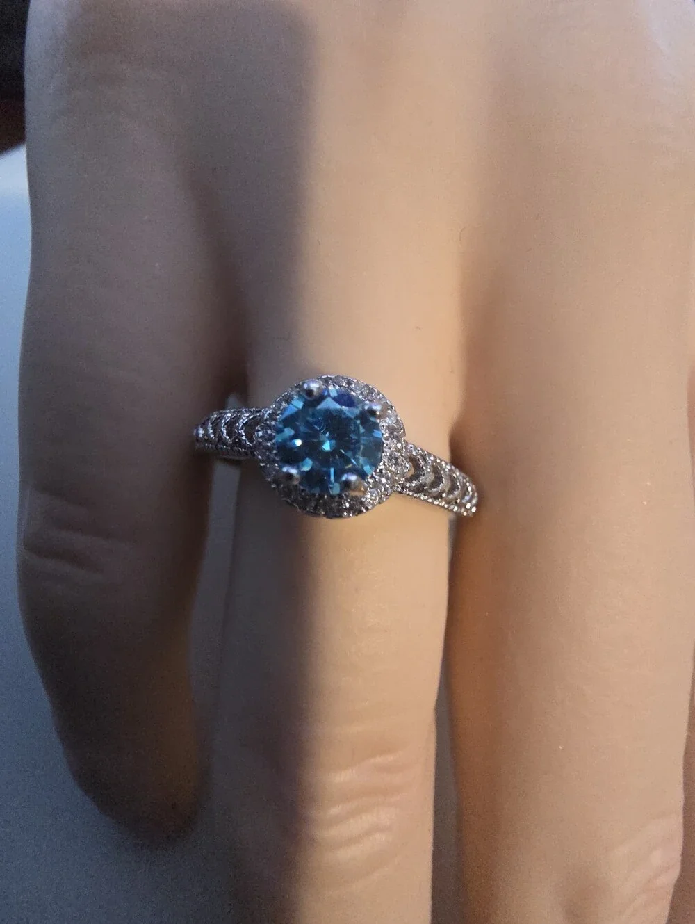 Silver Halo Ring with Blue Center Stone